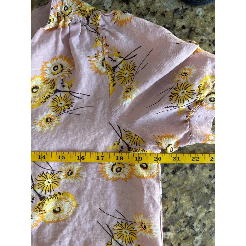 Madewell Button Front Blouse Size M Pink Yellow Floral Linen Blend Puff Sleeve